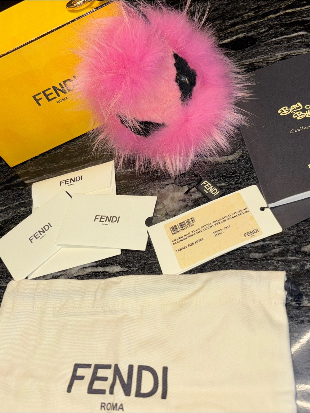 Fendi Pink Fur Pom Charm - Designer Bag Accessory with Swarovski eyes